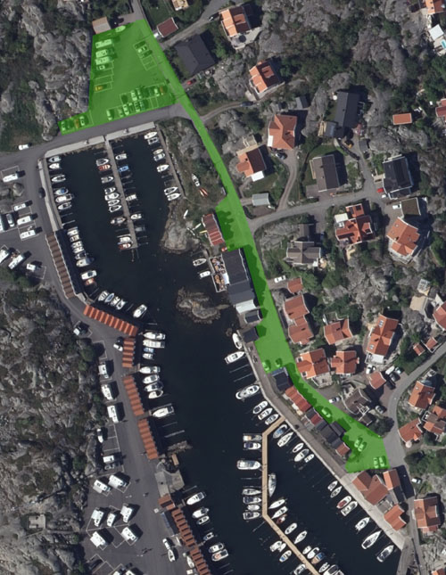 Karta som visar var parkeringsavgiften gäller i Fotö hamn